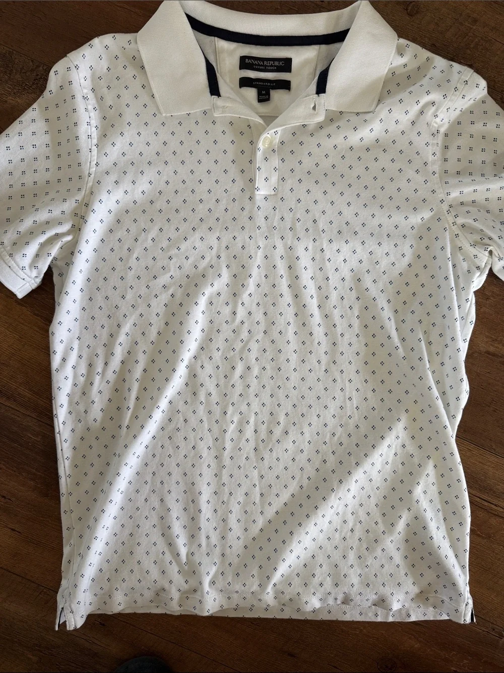 Banana Republic White Polo with Navy Micro-Diamond Print